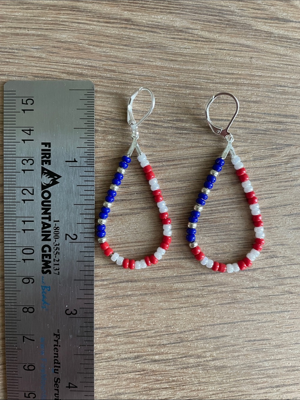 HAND CRAFTED PATRIOTIC BEADED TEARDROP HOOP EARRINGS Red White Blue 4th of July - Picture 8 of 9